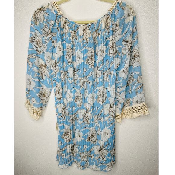 My Story Paris Cream & Blue Accordian Pleat 3/4 Sleeve Blouse S - Picture 11 of 16